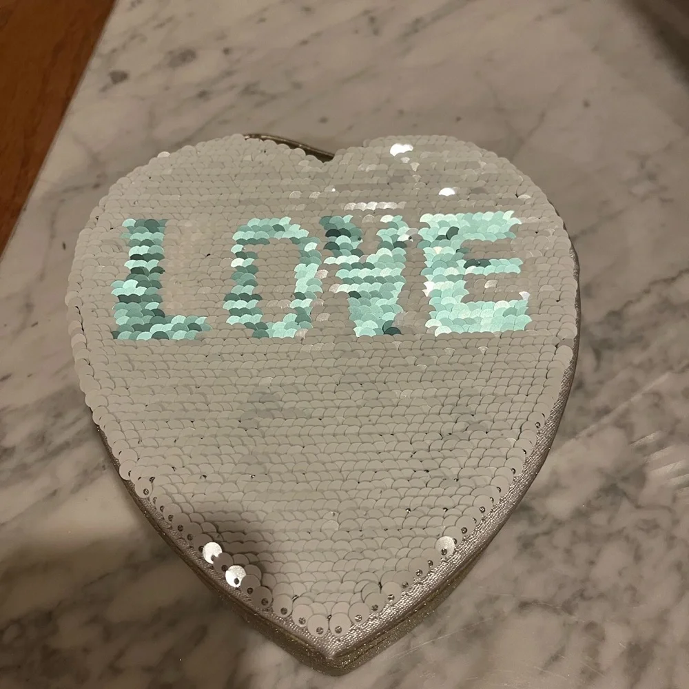 Pottery Barn Kids heart shaped trinket box with flip message in sequins